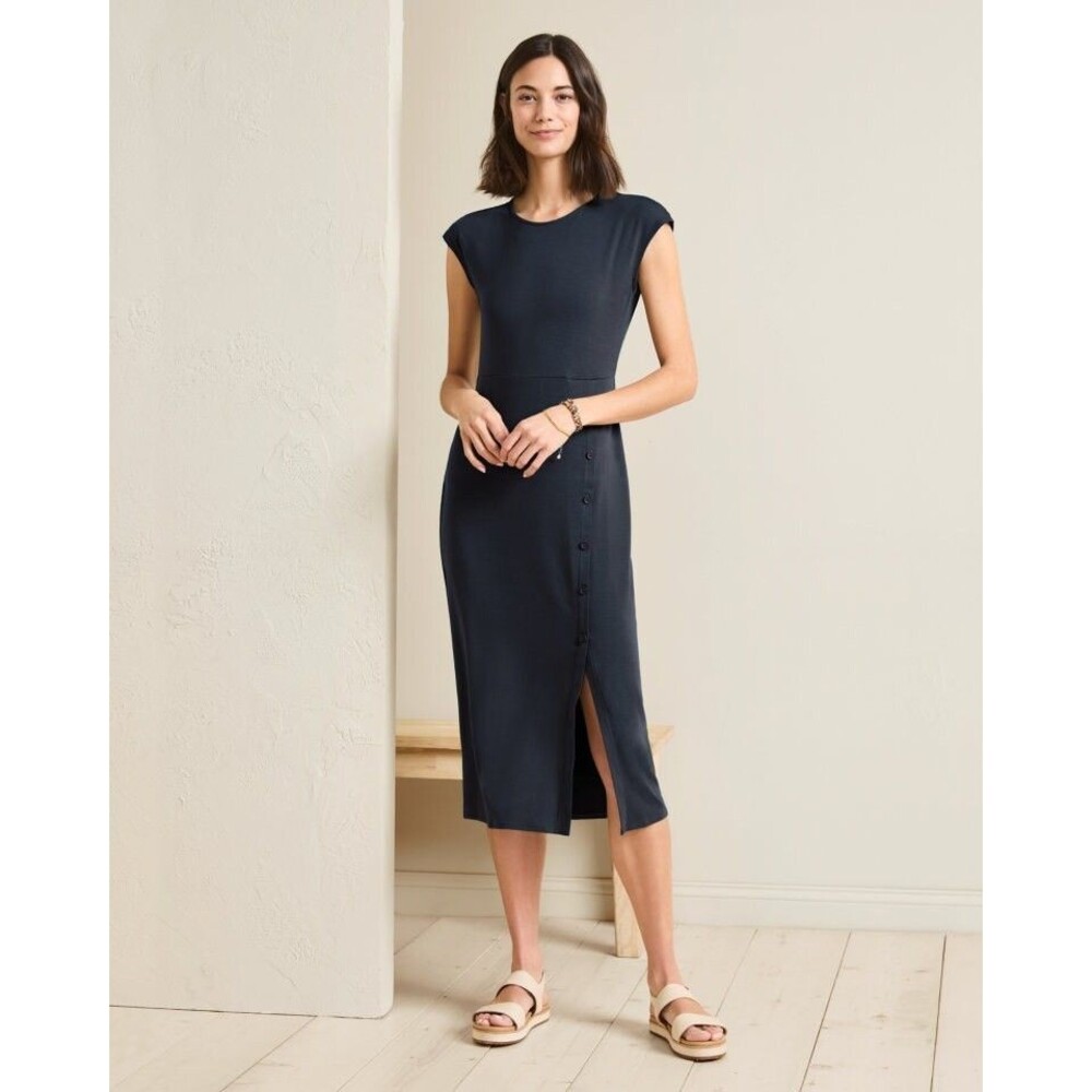 Garnet Hill Column Dress Large Navy Blue Midi Asymmetrical Slit Quiet Luxury